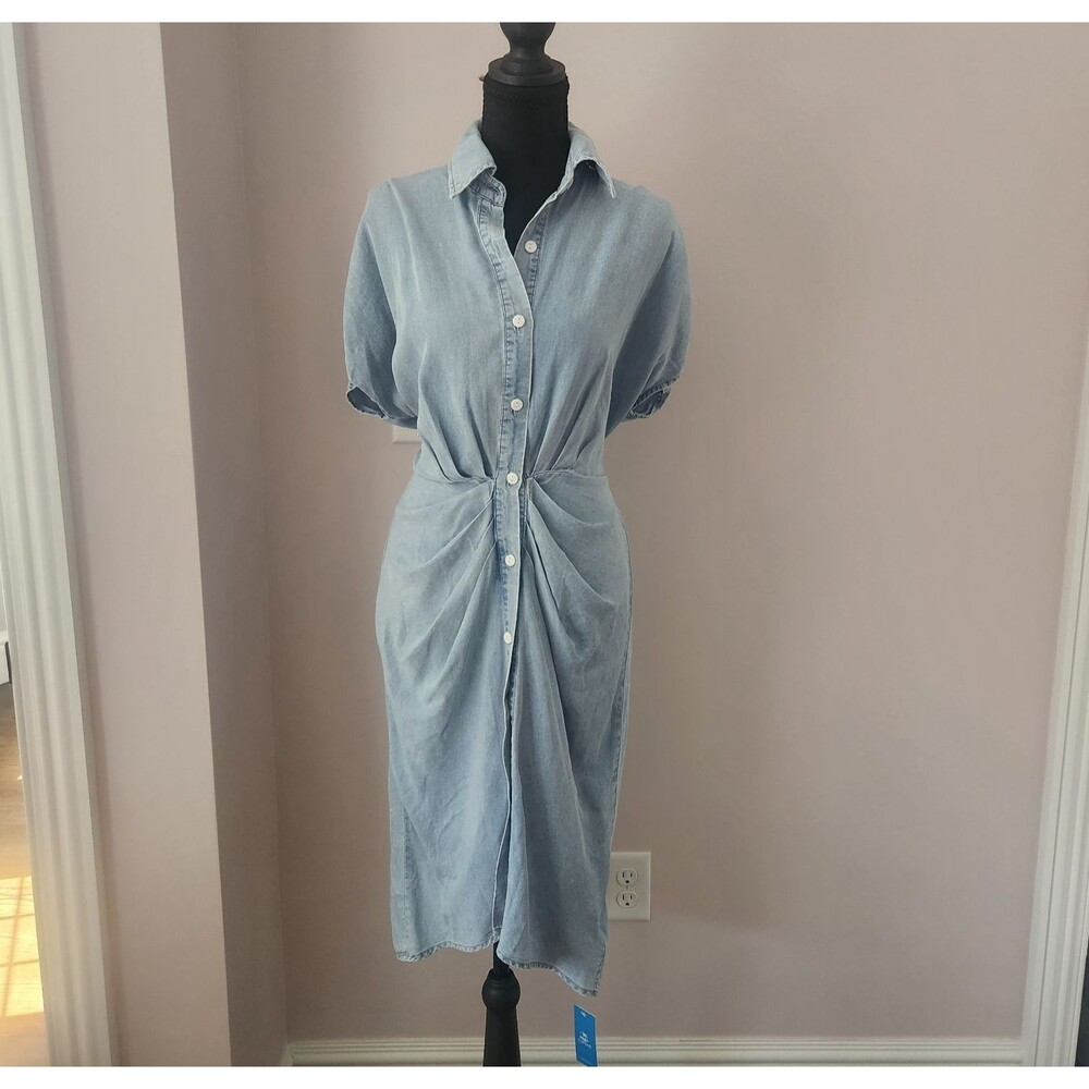 NWT CUPSHE Denim Midi Shirt Dress Blue Button Up Dolman Sleeve Sash Waist Medium - Picture 3 of 13